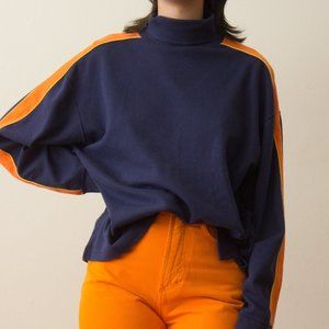 NWT Vintage 1980s Liz Sport Navy Blue Orange Racer Stripe Mock Turtleneck Cotton